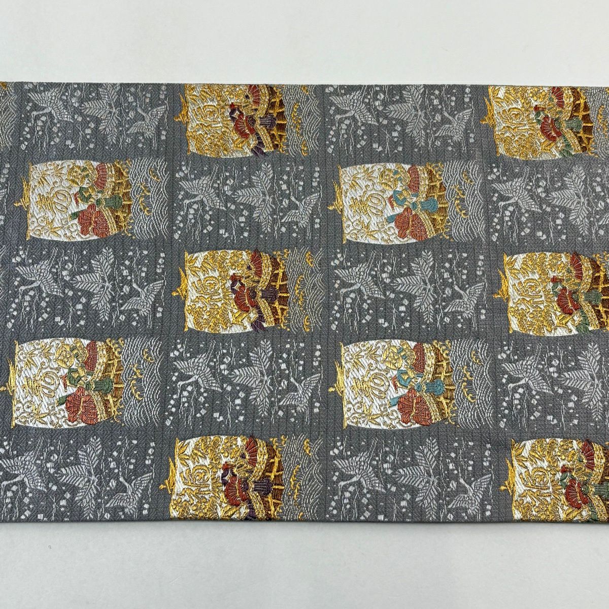 袋帶 名品級 寶船 仙鶴 金銀絲 刺繡 灰 深藍 六通 純蠶絲