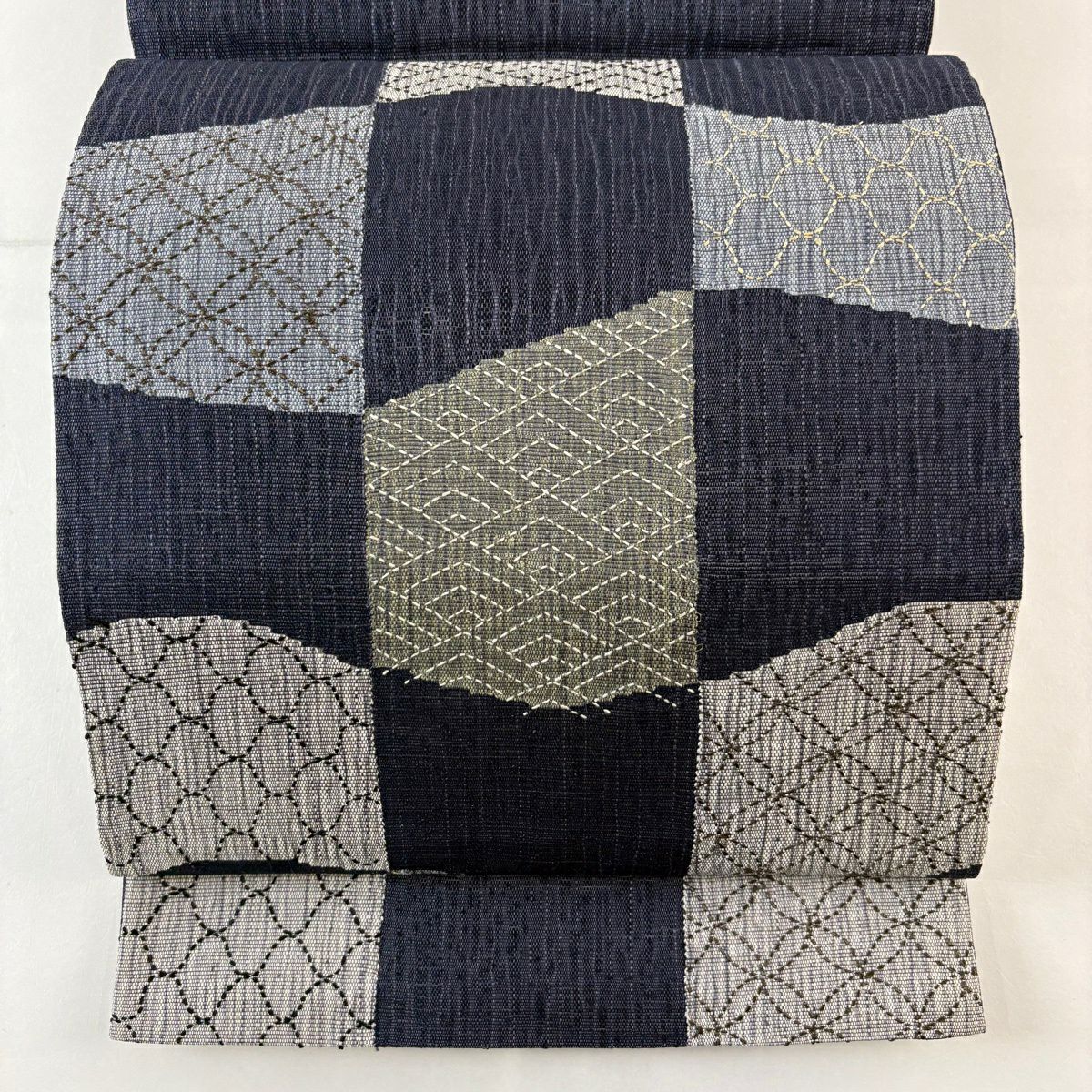袋帶 名品級 青海波 七寶刺繡 深藍色 大鼓圖案 純蠶絲