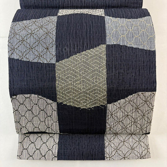 袋帶 名品級 青海波 七寶刺繡 深藍色 大鼓圖案 純蠶絲