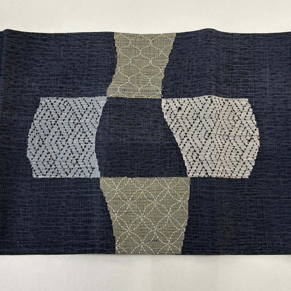 袋帶 名品級 青海波 七寶刺繡 深藍色 大鼓圖案 純蠶絲