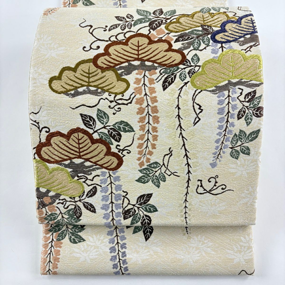 【美品】 袋帶 名品級 笠松樹 藤 唐織 米色 六通 純蠶絲