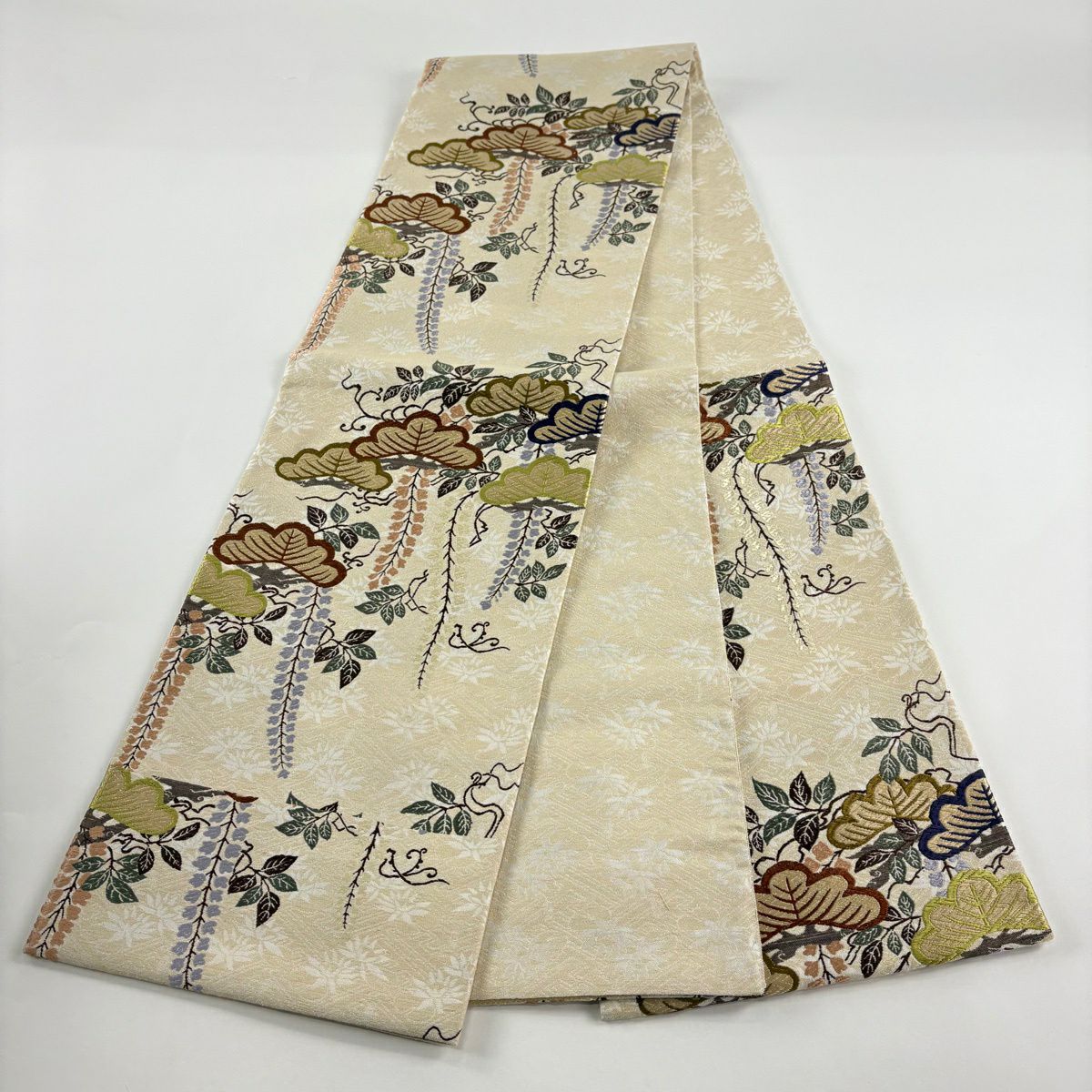 【美品】 袋帶 名品級 笠松樹 藤 唐織 米色 六通 純蠶絲