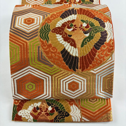 袋帶 名品級 河合美術織物 落款あり 關西裁縫 向鳥 龜甲 金絲 唐織 橙色 六通 純蠶絲