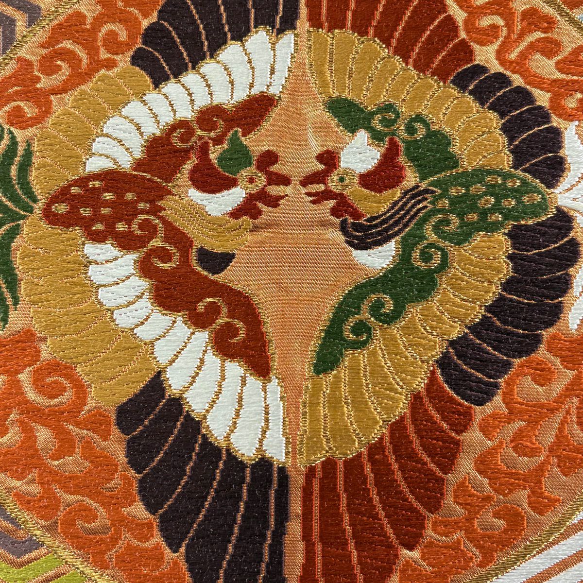 袋帶 名品級 河合美術織物 落款あり 關西裁縫 向鳥 龜甲 金絲 唐織 橙色 六通 純蠶絲