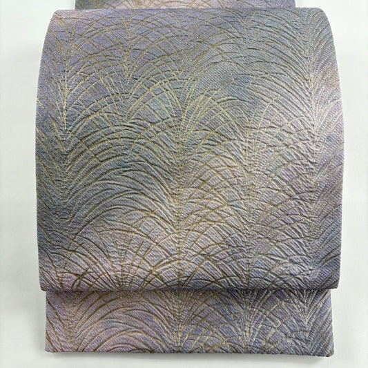 【美品】 袋帶 名品級 大王松樹 金絲 金金箔 灰紫 全通 純蠶絲