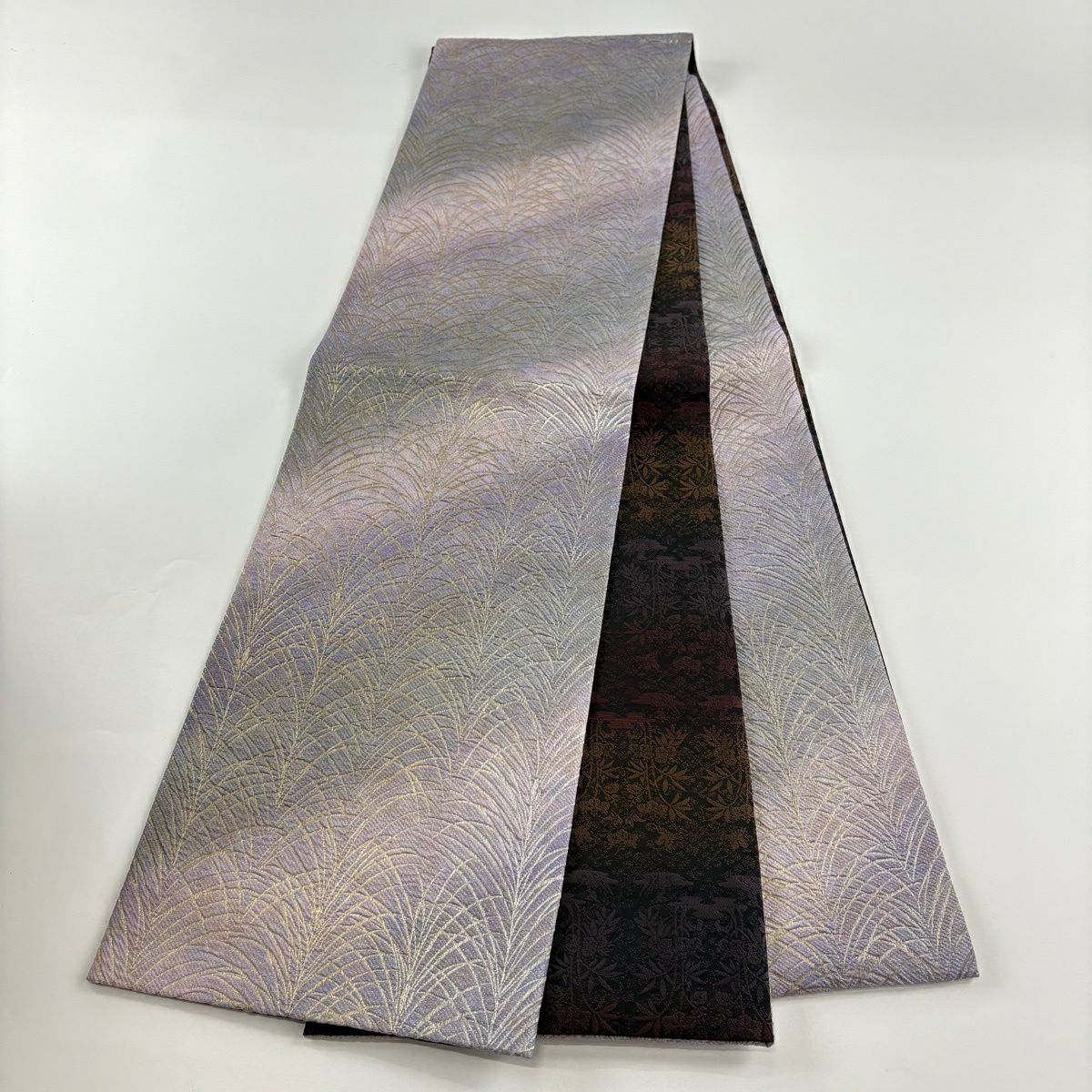 【美品】 袋帶 名品級 大王松樹 金絲 金金箔 灰紫 全通 純蠶絲