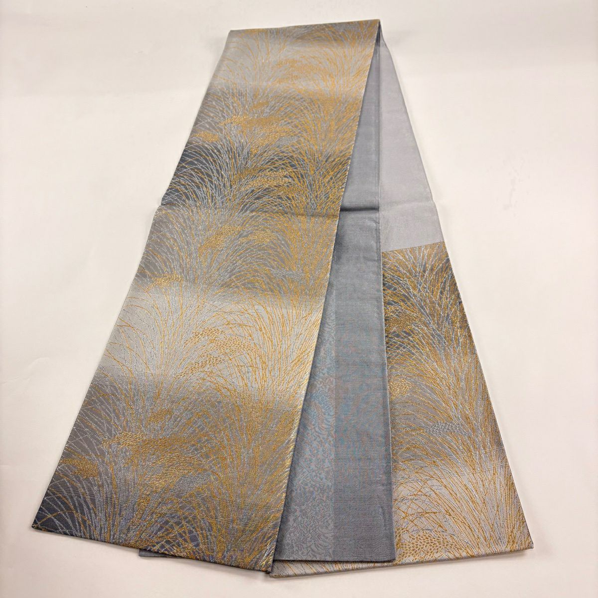 【美品】 袋帶 名品級 稻穗 金銀彩 灰 深藍 六通 純蠶絲