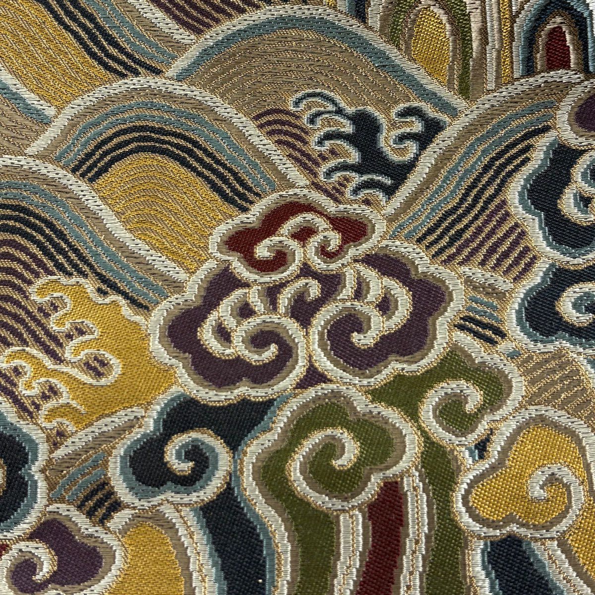 【美品】 袋帶 名品級 附落款 鹿子井 波 岩 金金箔 茶綠 六通 純蠶絲