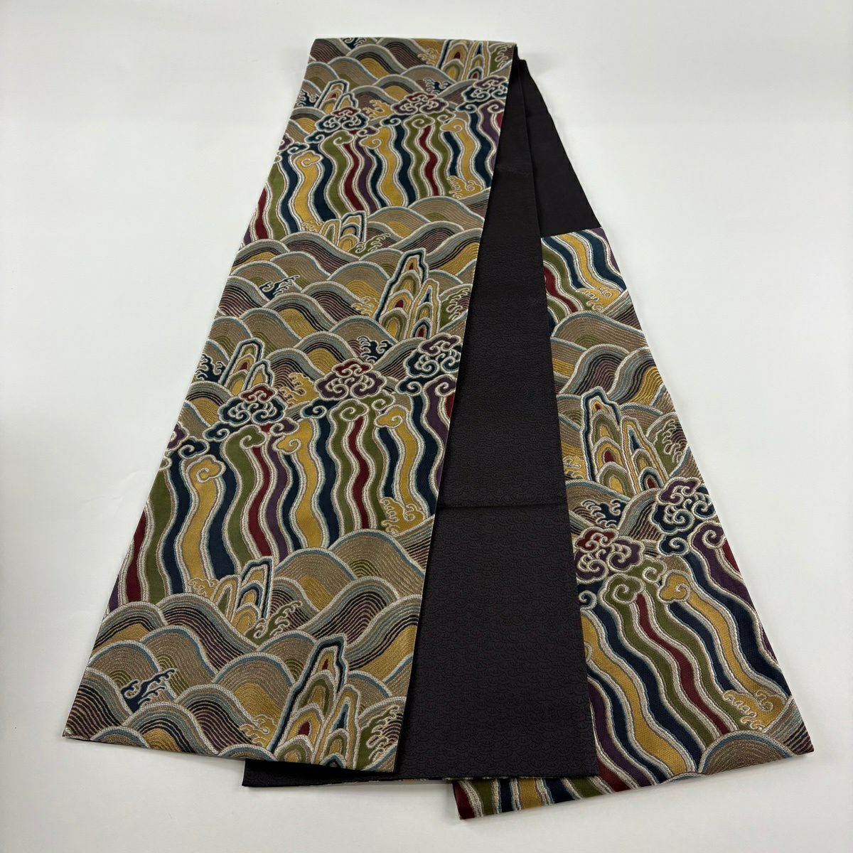 【美品】 袋帶 名品級 附落款 鹿子井 波 岩 金金箔 茶綠 六通 純蠶絲