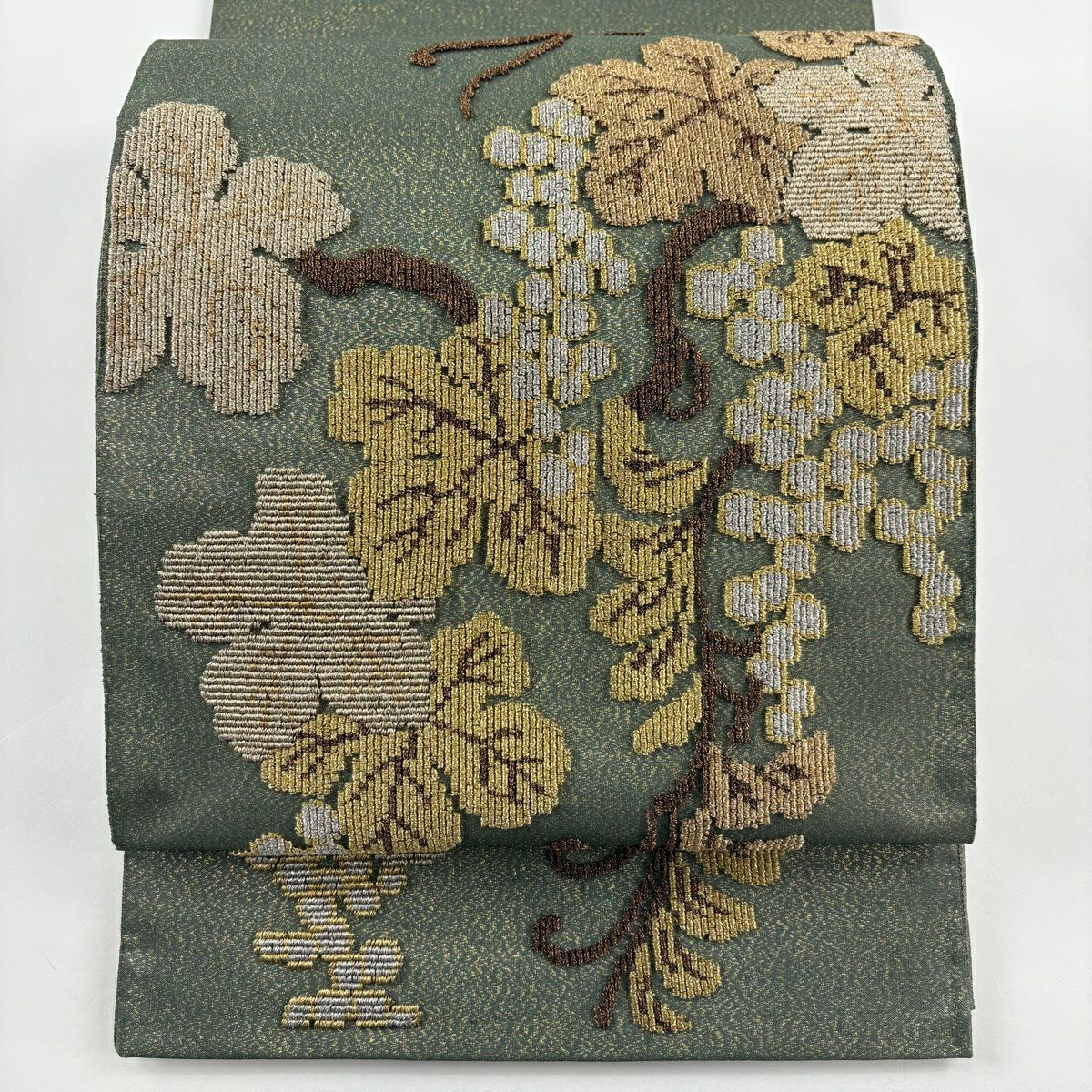 【美品】 袋帶 名品級 葡萄唐草紋 金通 輪奈織 鶯 綠 お太鼓圖案 純蠶絲