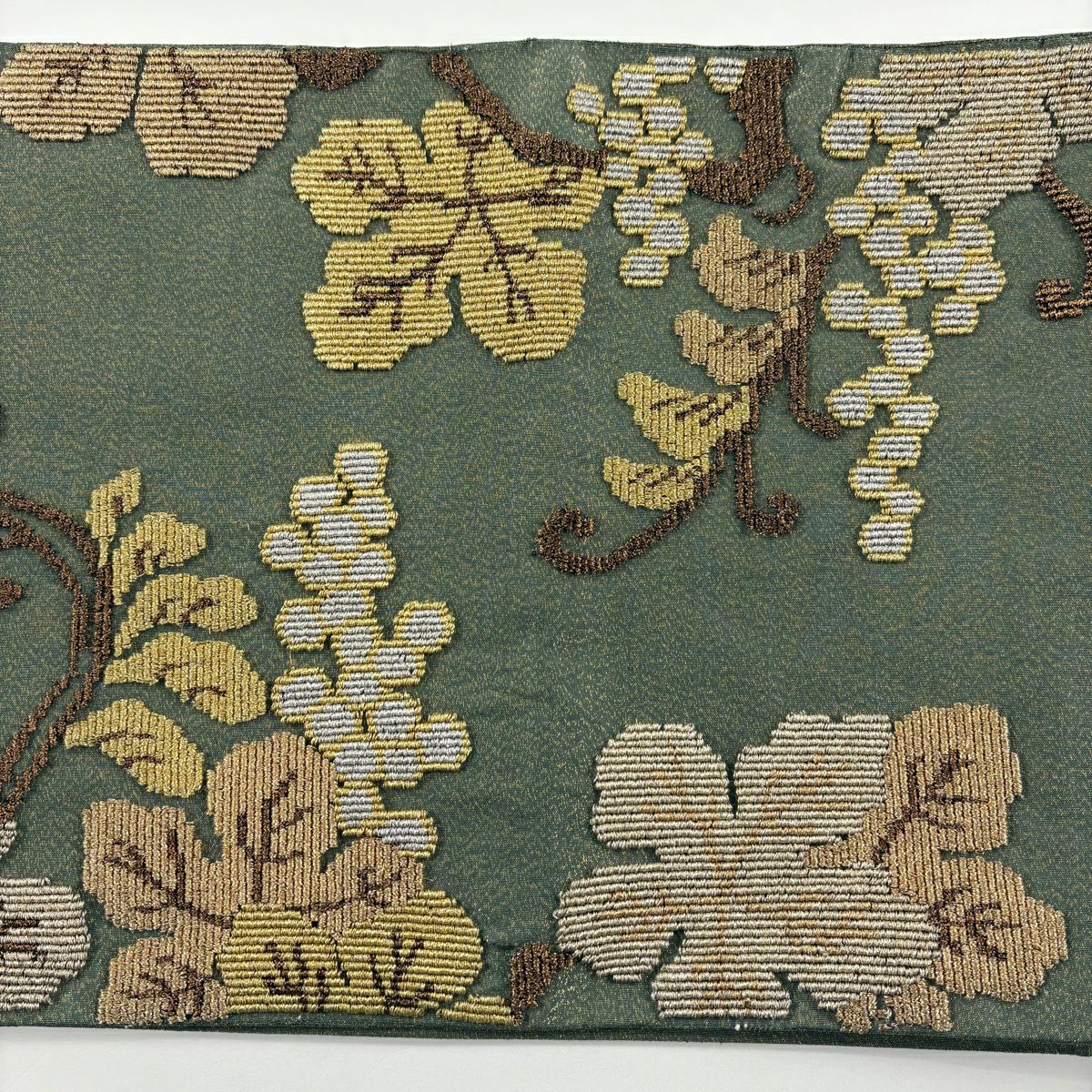 【美品】 袋帶 名品級 葡萄唐草紋 金通 輪奈織 鶯 綠 お太鼓圖案 純蠶絲