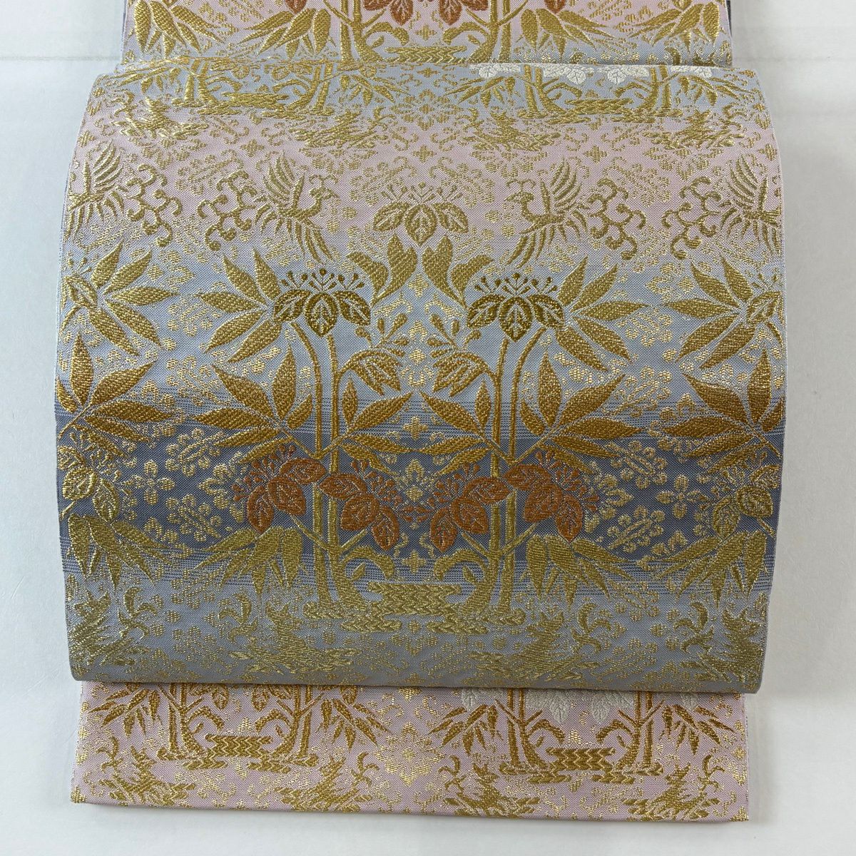【美品】 袋帶 名品級 本袋 桐竹子鳳凰紋 段紋 金絲 銀絲 青灰 全通 純蠶絲
