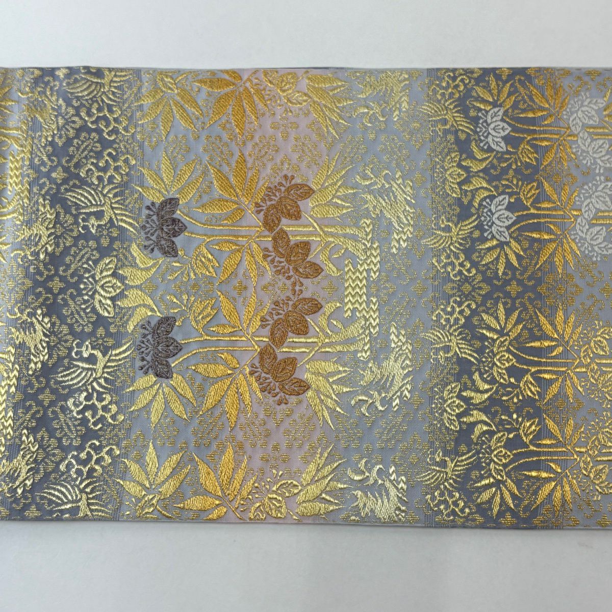 【美品】 袋帶 名品級 本袋 桐竹子鳳凰紋 段紋 金絲 銀絲 青灰 全通 純蠶絲