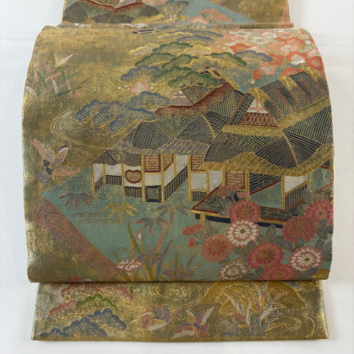 袋帶 名品級 關西仕立 家屋 松樹竹子梅花 金金箔 金絲 金色 全通 純蠶絲