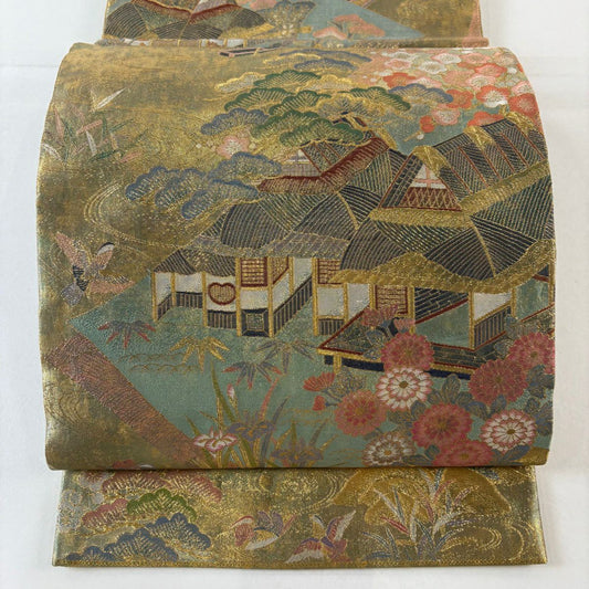 袋帶 名品級 關西仕立 家屋 松樹竹子梅花 金金箔 金絲 金色 全通 純蠶絲
