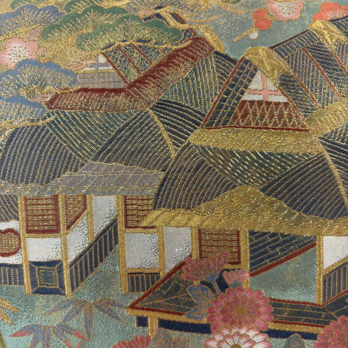 袋帶 名品級 關西仕立 家屋 松樹竹子梅花 金金箔 金絲 金色 全通 純蠶絲