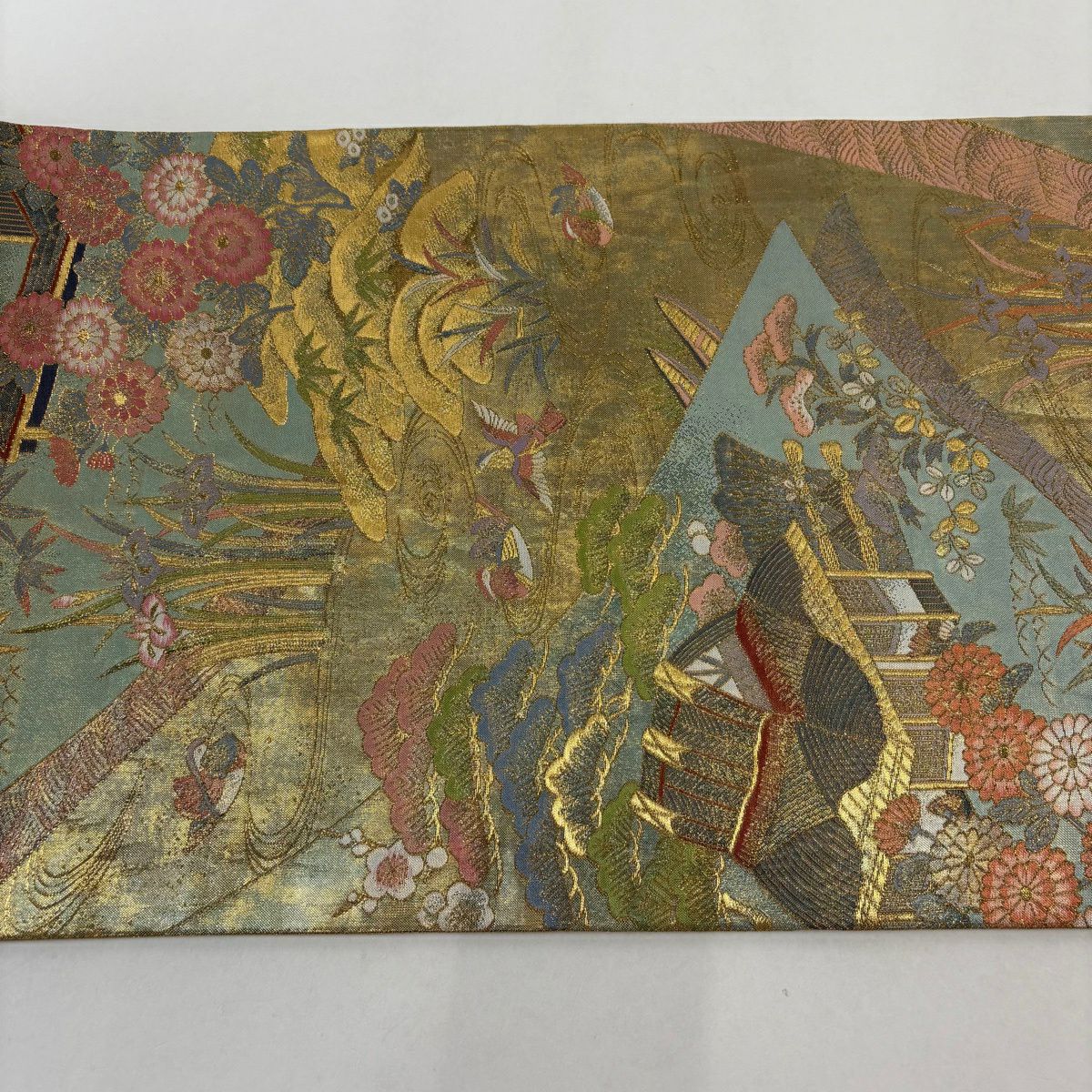 袋帶 名品級 關西仕立 家屋 松樹竹子梅花 金金箔 金絲 金色 全通 純蠶絲