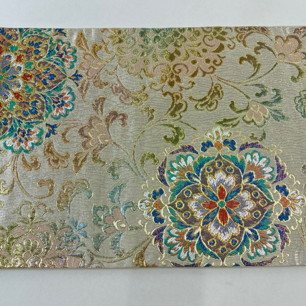 袋帶 名品級 華紋 花唐草紋 金金箔 金絲 奶油 六通 純蠶絲