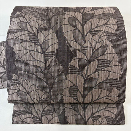 【美品】 名古屋帶 名品級 紬織織 葉柄 茶紫 純蠶絲