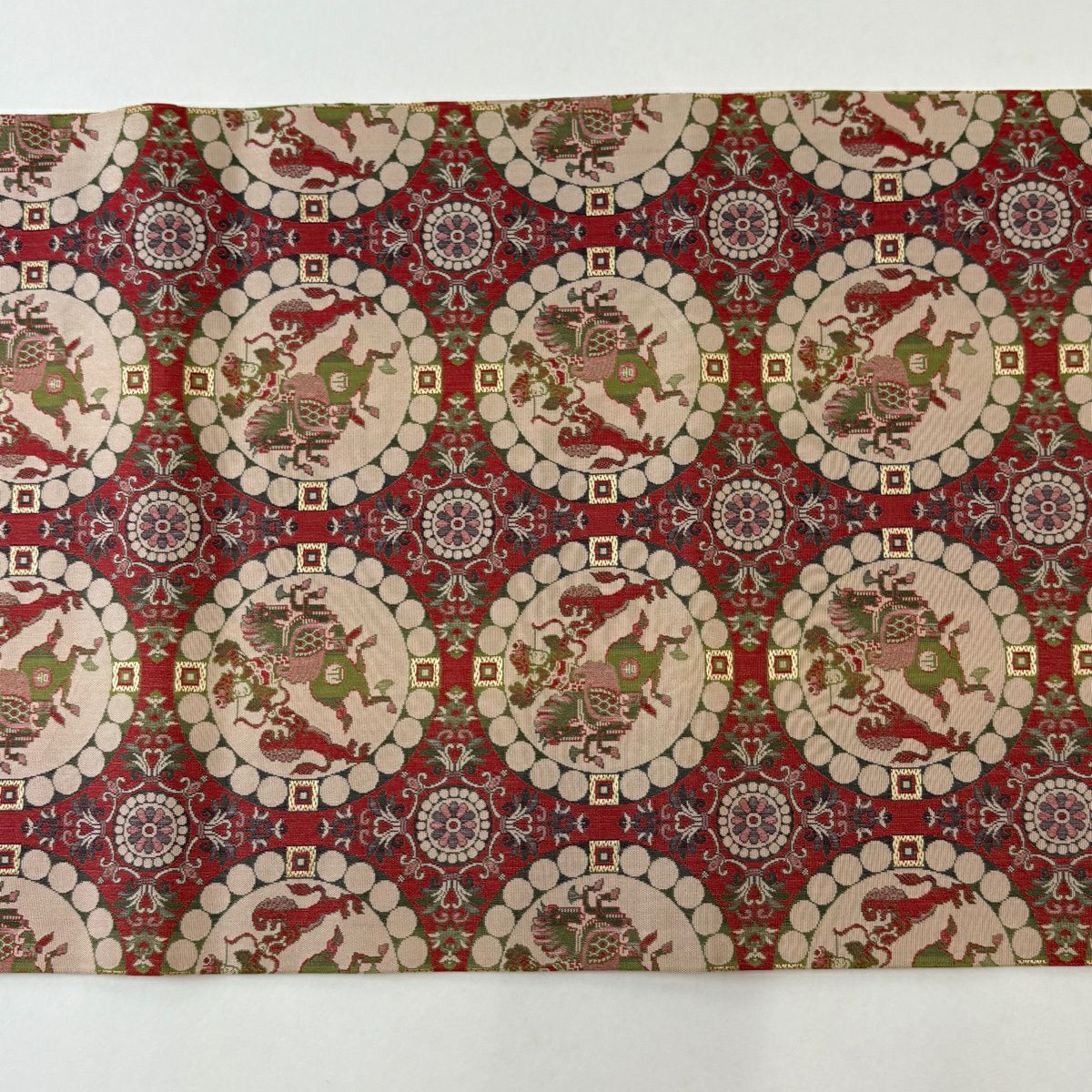 【美品】 開口名古屋帶 名品級 龍村美術織物 雙層仕立 連珠紋 狩獵紋 紅 純蠶絲
