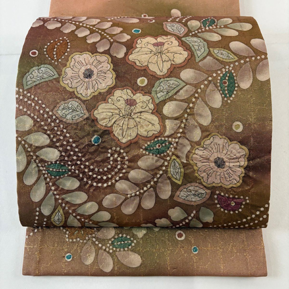 【美品】 袋帶 名品級 附有落款 辻花染圖案 金線 金金箔 茶色 大鼓圖案 純蠶絲