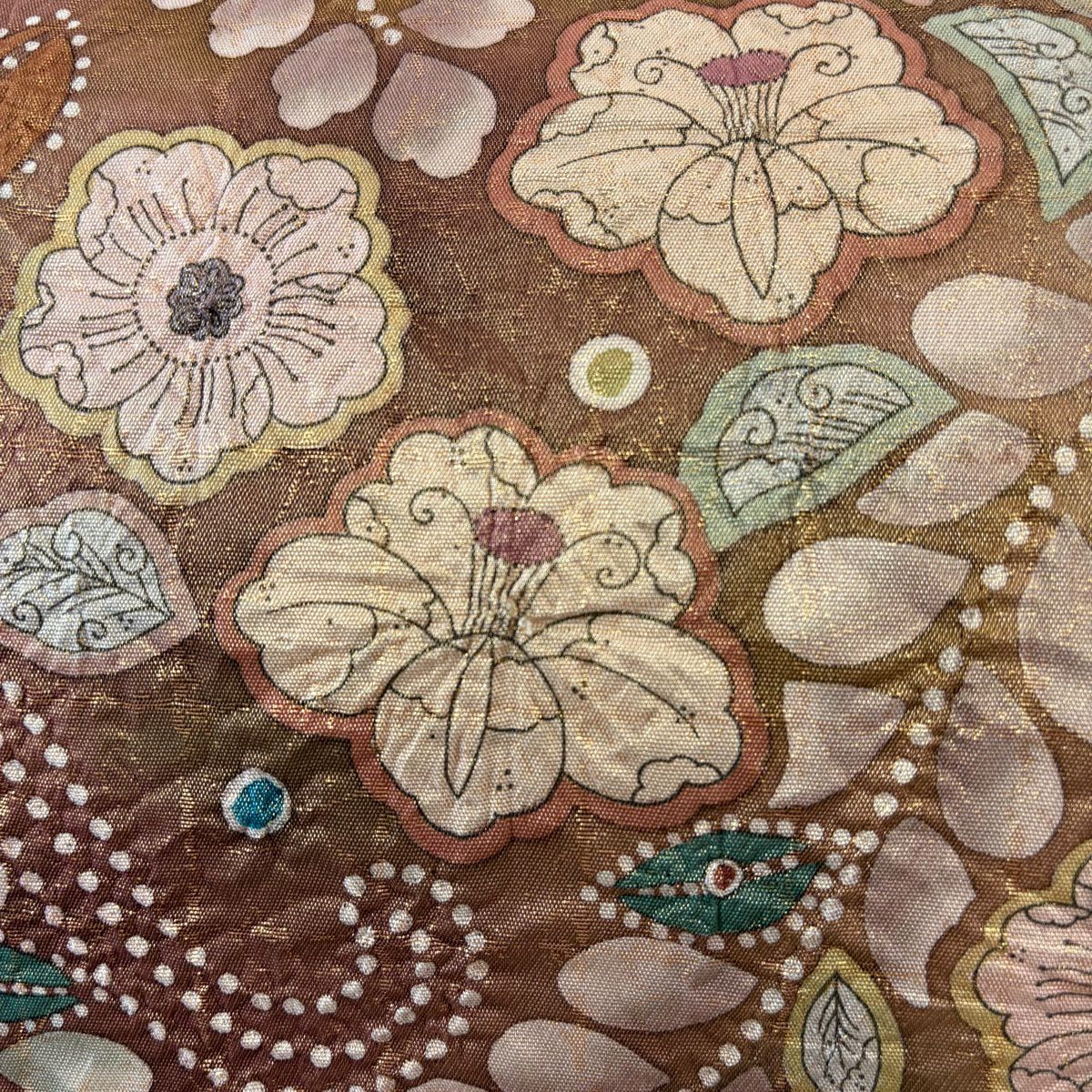 【美品】 袋帶 名品級 附有落款 辻花染圖案 金線 金金箔 茶色 大鼓圖案 純蠶絲