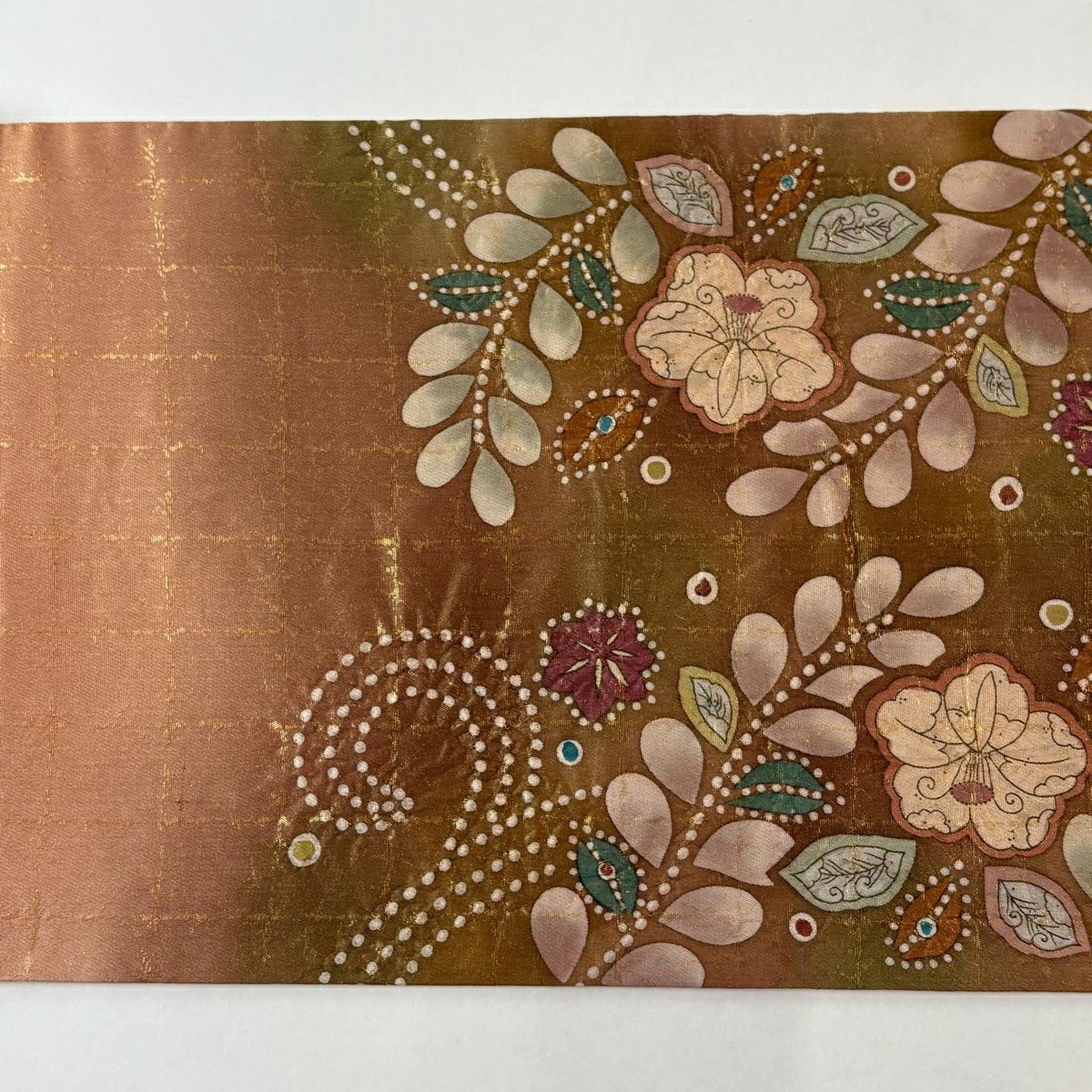 【美品】 袋帶 名品級 附有落款 辻花染圖案 金線 金金箔 茶色 大鼓圖案 純蠶絲