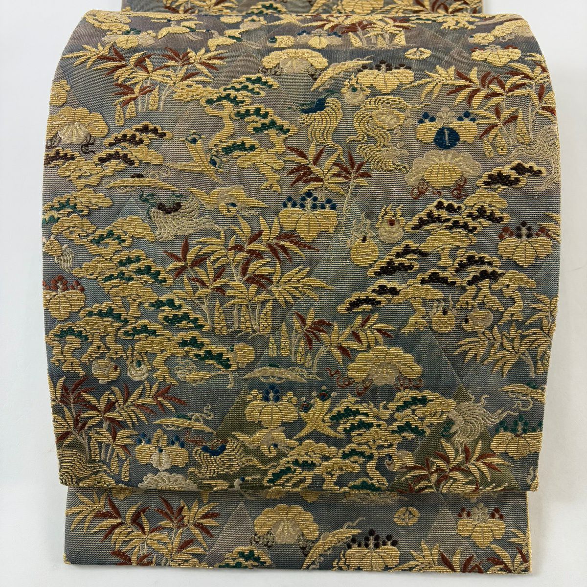 【美品】 袋帶 名品級 仙鶴 寶盡くし 金絲 灰色 全通 純蠶絲