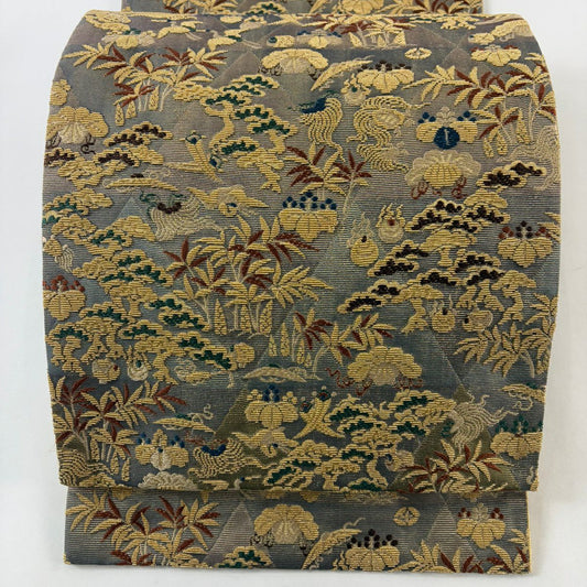 【美品】 袋帶 名品級 仙鶴 寶盡くし 金絲 灰色 全通 純蠶絲