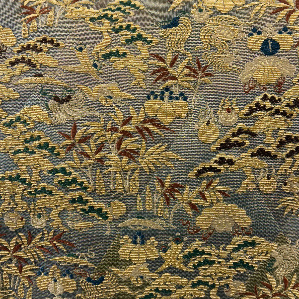 【美品】 袋帶 名品級 仙鶴 寶盡くし 金絲 灰色 全通 純蠶絲
