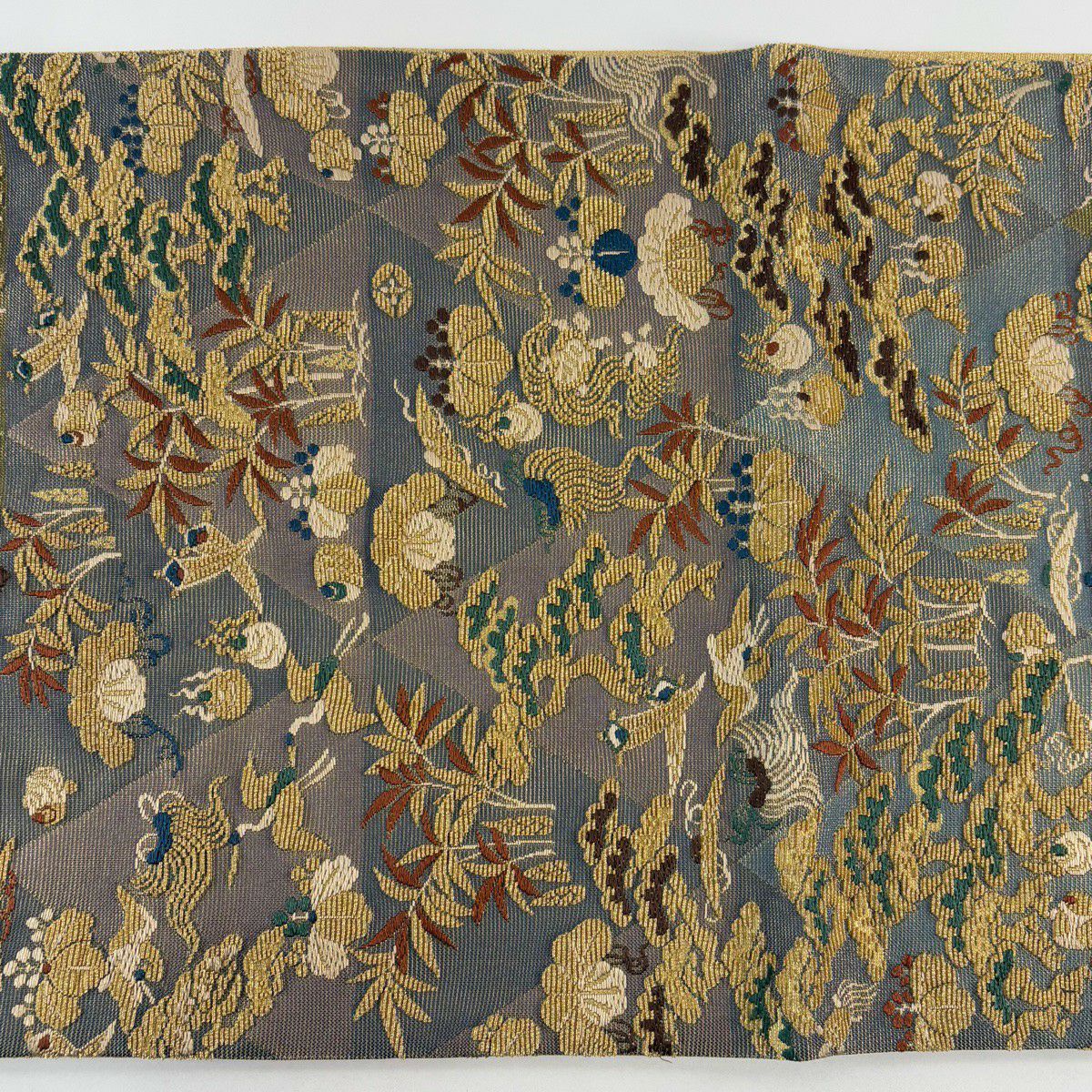 【美品】 袋帶 名品級 仙鶴 寶盡くし 金絲 灰色 全通 純蠶絲