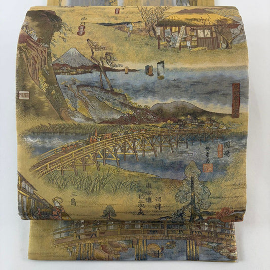 【美品】 袋帶 名品級 廣重 八種四百十八景 金金箔 山吹茶 純蠶絲