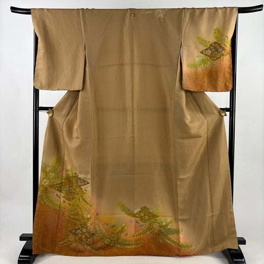 【美品】訪問服 身長170cm 袖長67.5cm L 雙層 辻花染 松樹川菱 金通し 漸層 薄茶 純蠶絲 名品級 一つ紋