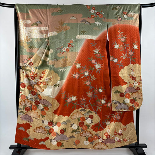 振袖禮服 身長157.5cm 袖長65cm M 雙層 吾妻德穗 落款 松樹梅花 菊花 金絲 金銀彩 朱 純蠶絲 名品級