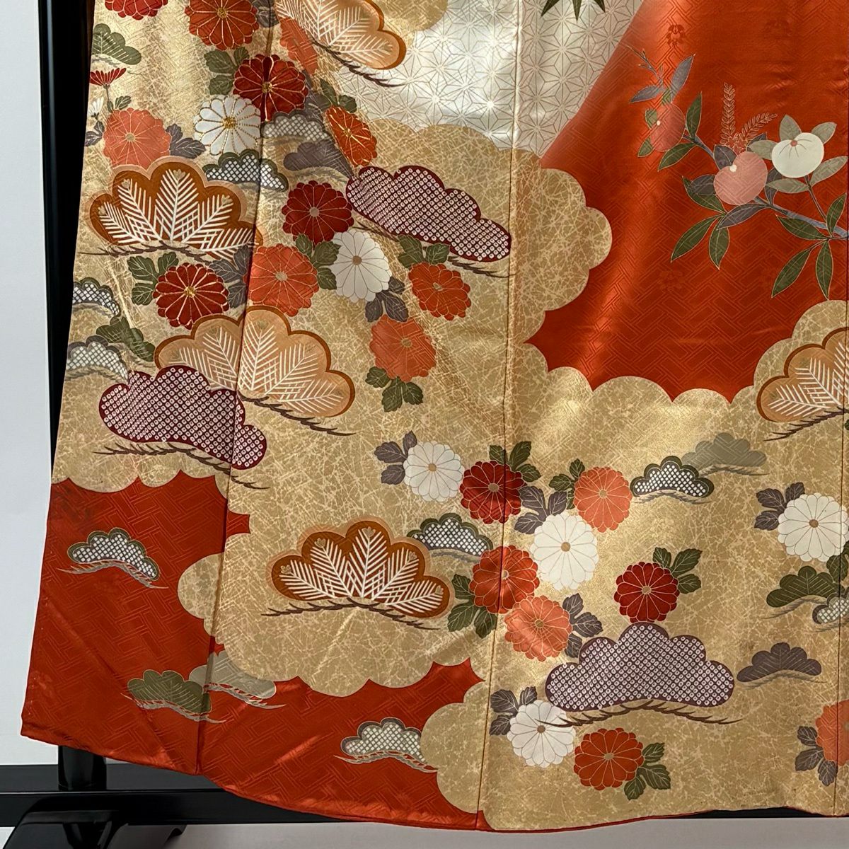 振袖禮服 身長157.5cm 袖長65cm M 雙層 吾妻德穗 落款 松樹梅花 菊花 金絲 金銀彩 朱 純蠶絲 名品級