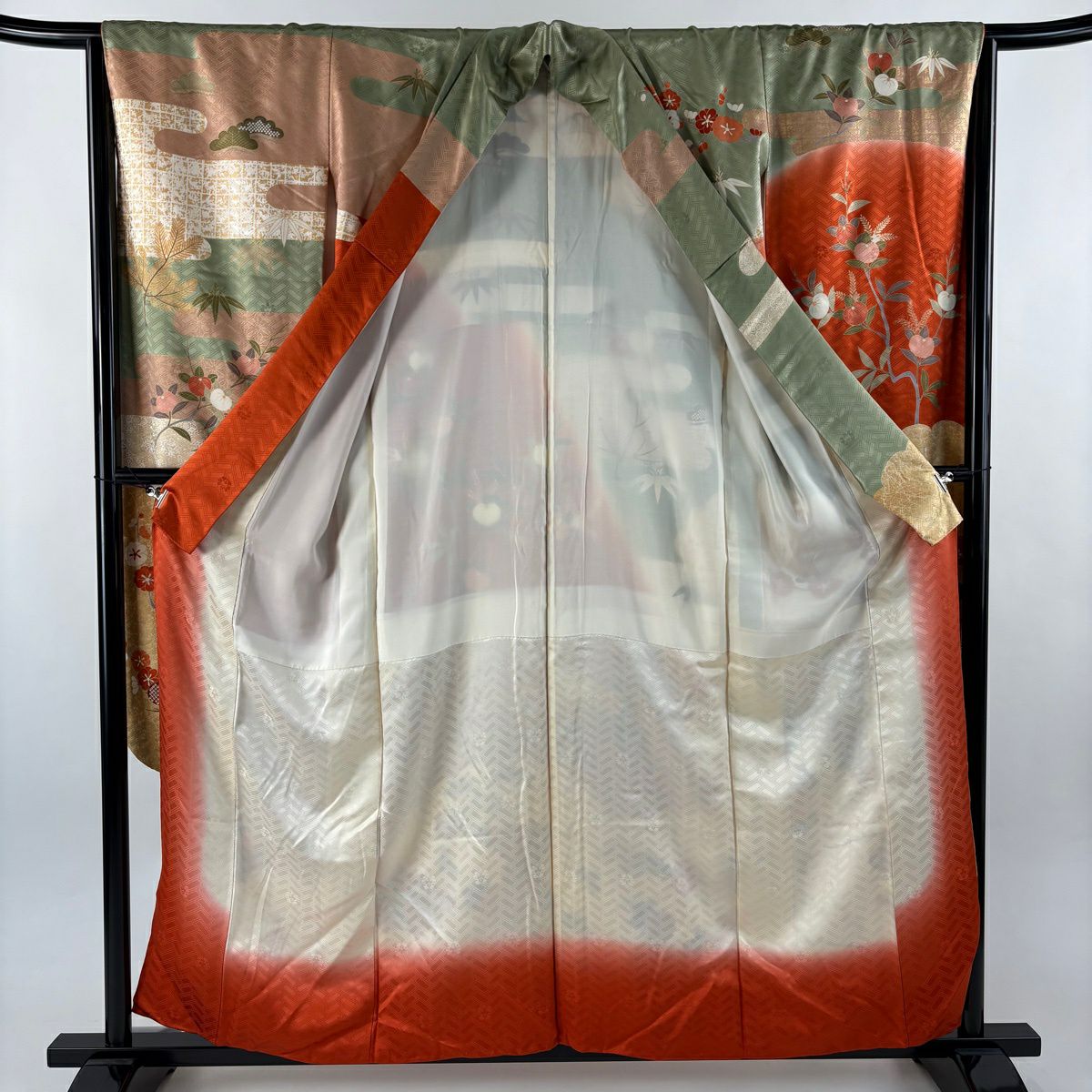 振袖禮服 身長157.5cm 袖長65cm M 雙層 吾妻德穗 落款 松樹梅花 菊花 金絲 金銀彩 朱 純蠶絲 名品級