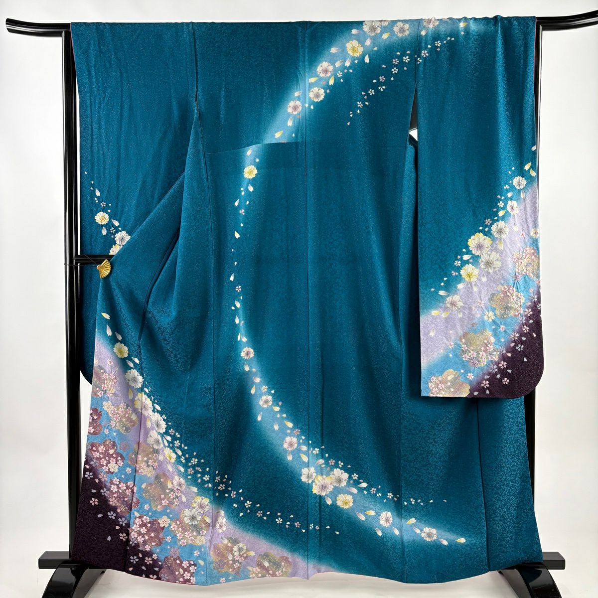 振袖禮服 身長162.5cm 袖長66.5cm M 雙層 樱花 樱花花瓣 金彩裝飾 金通し 青綠 純蠶絲 名品級