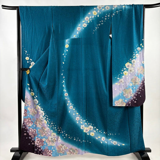 振袖禮服 身長162.5cm 袖長66.5cm M 雙層 樱花 樱花花瓣 金彩裝飾 金通し 青綠 純蠶絲 名品級