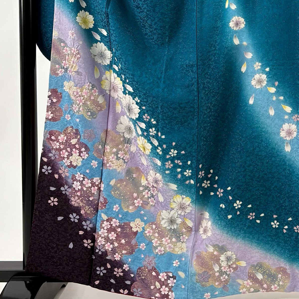 振袖禮服 身長162.5cm 袖長66.5cm M 雙層 樱花 樱花花瓣 金彩裝飾 金通し 青綠 純蠶絲 名品級