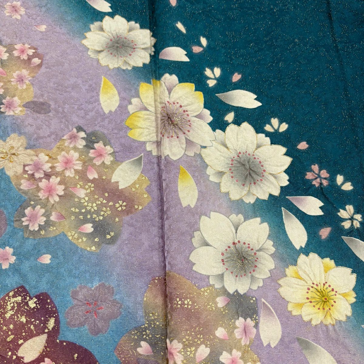 振袖禮服 身長162.5cm 袖長66.5cm M 雙層 樱花 樱花花瓣 金彩裝飾 金通し 青綠 純蠶絲 名品級