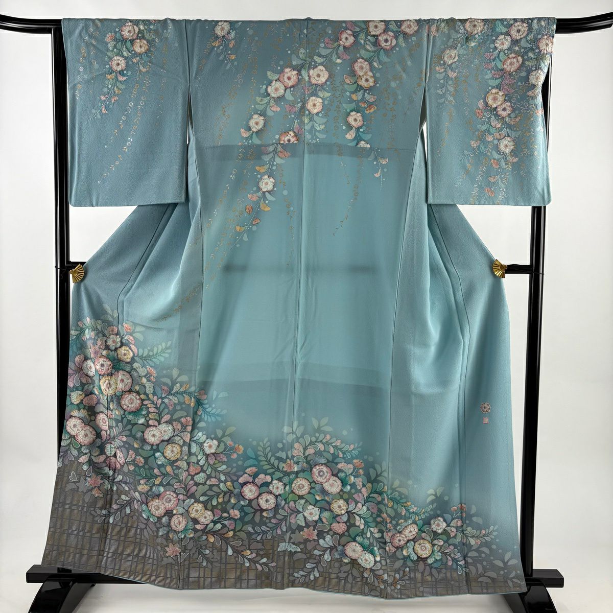 訪問服 身長161cm 袖長66cm M 雙層 落款あり 辻花染 格子 金銀彩 漸層 水色 純蠶絲 名品級