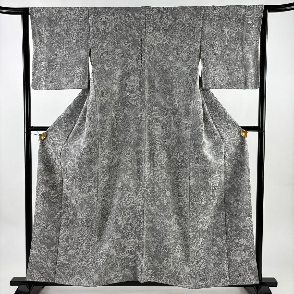 小紋 身長156cm 袖長63cm S 雙層 草花紋紋意匠 灰色 純蠶絲 名品級