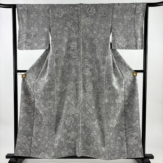 小紋 身長156cm 袖長63cm S 雙層 草花紋紋意匠 灰色 純蠶絲 名品級