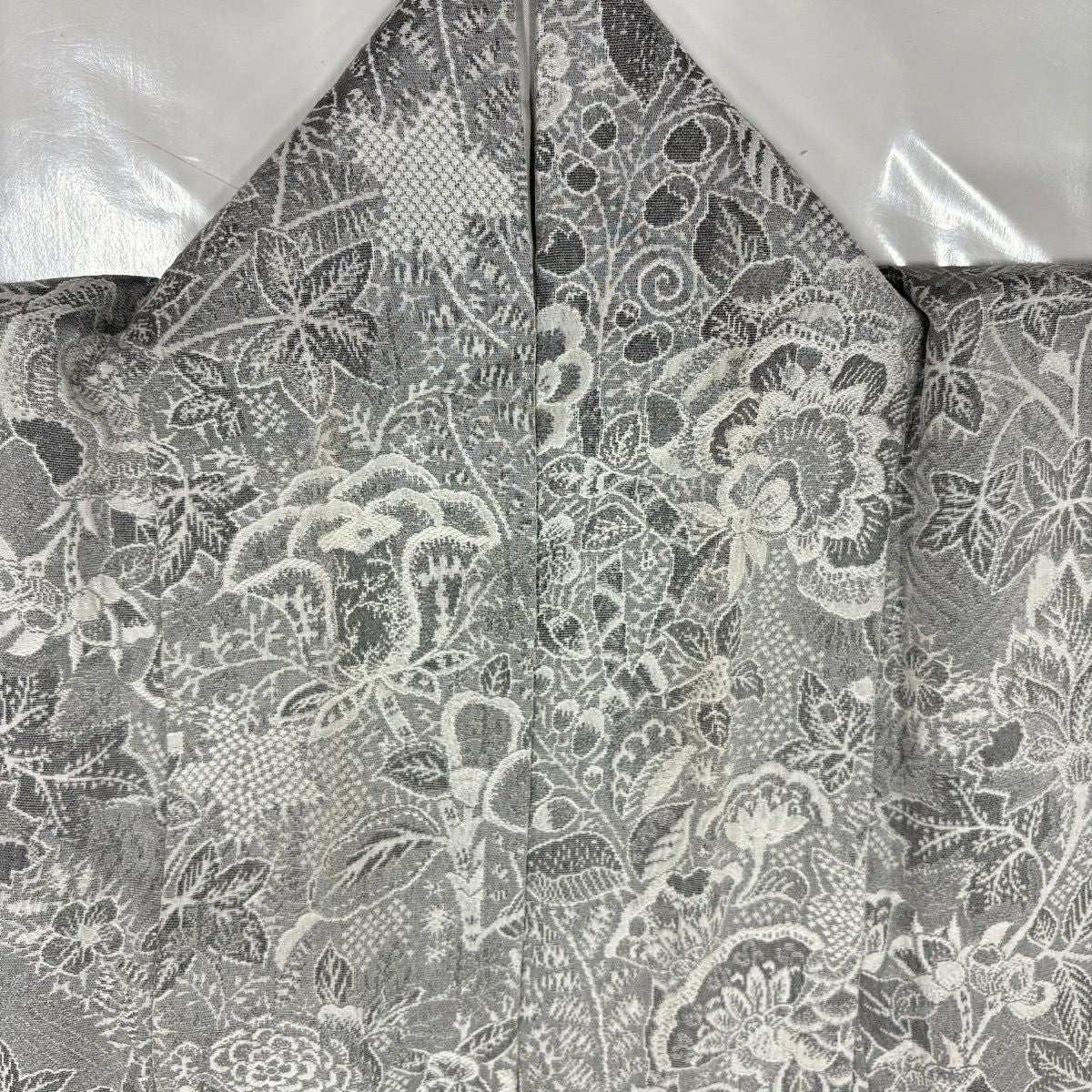 小紋 身長156cm 袖長63cm S 雙層 草花紋紋意匠 灰色 純蠶絲 名品級