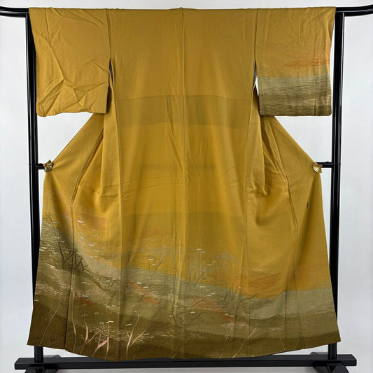 色留袖禮服 身長154.5cm 袖長63.5cm S 雙層 大久保玄才 落款あり 樹木 霞 金銀彩 染分 山吹 純蠶絲 名品級