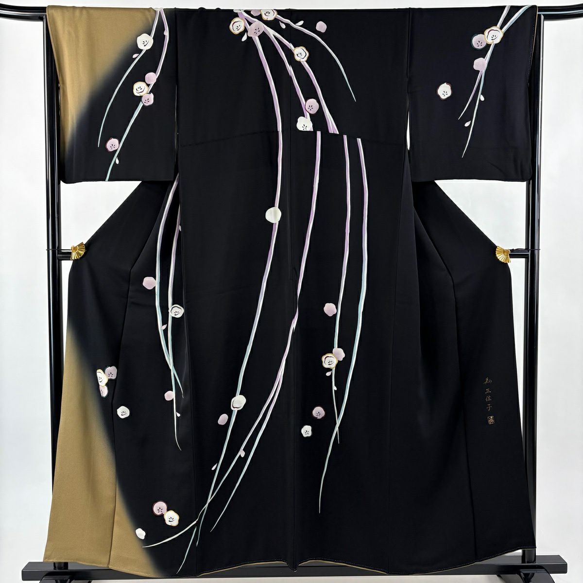 訪問服 身長157.5cm 袖長66cm M 雙層 落款あり 枝梅花 金彩裝飾 漸層 黑 純蠶絲 名品級