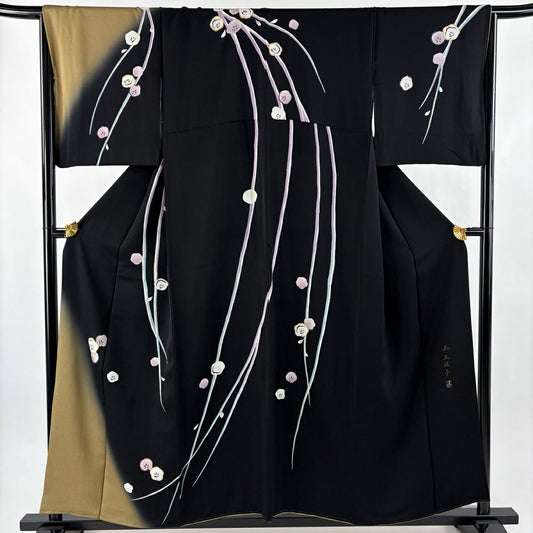 訪問服 身長157.5cm 袖長66cm M 雙層 落款あり 枝梅花 金彩裝飾 漸層 黑 純蠶絲 名品級