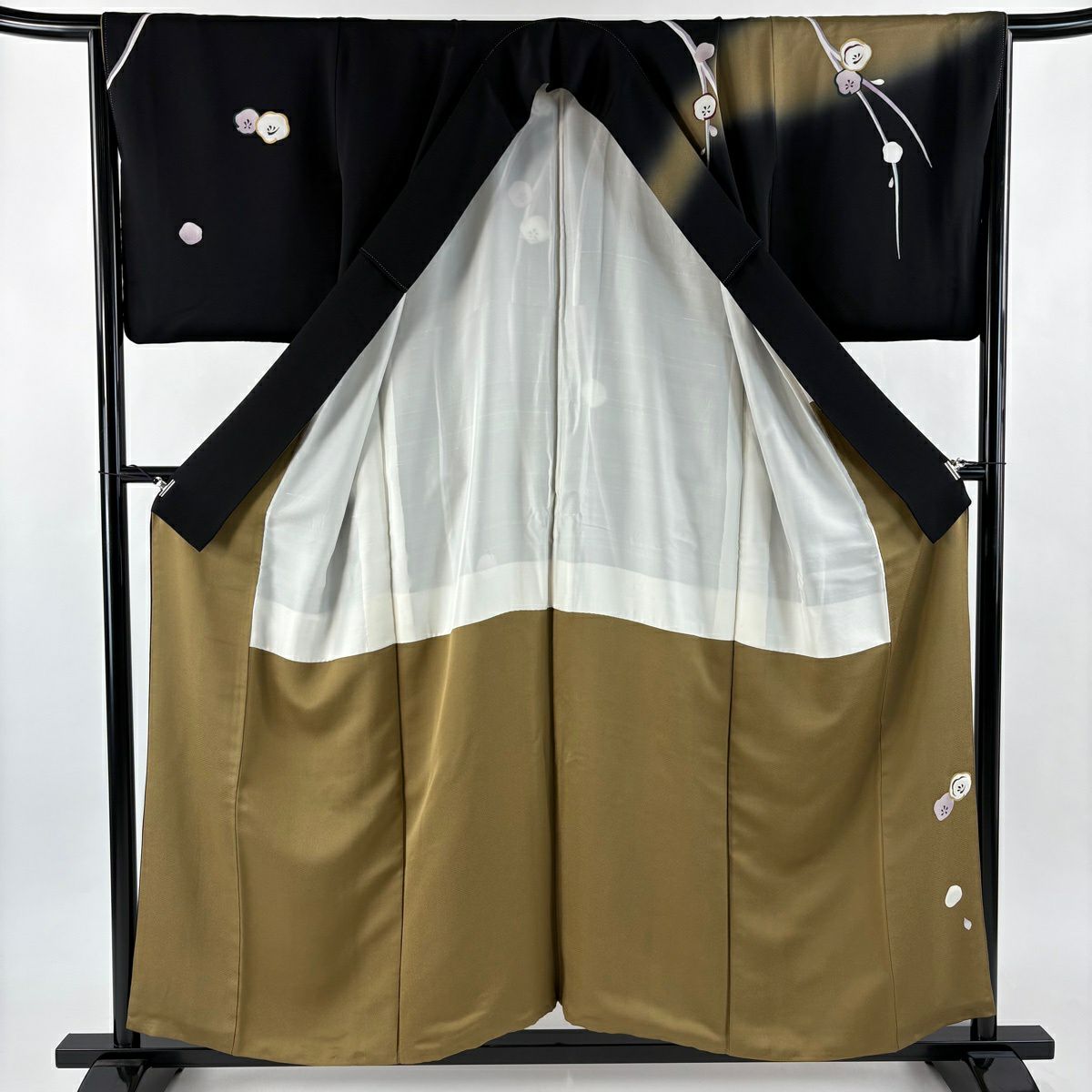 訪問服 身長157.5cm 袖長66cm M 雙層 落款あり 枝梅花 金彩裝飾 漸層 黑 純蠶絲 名品級