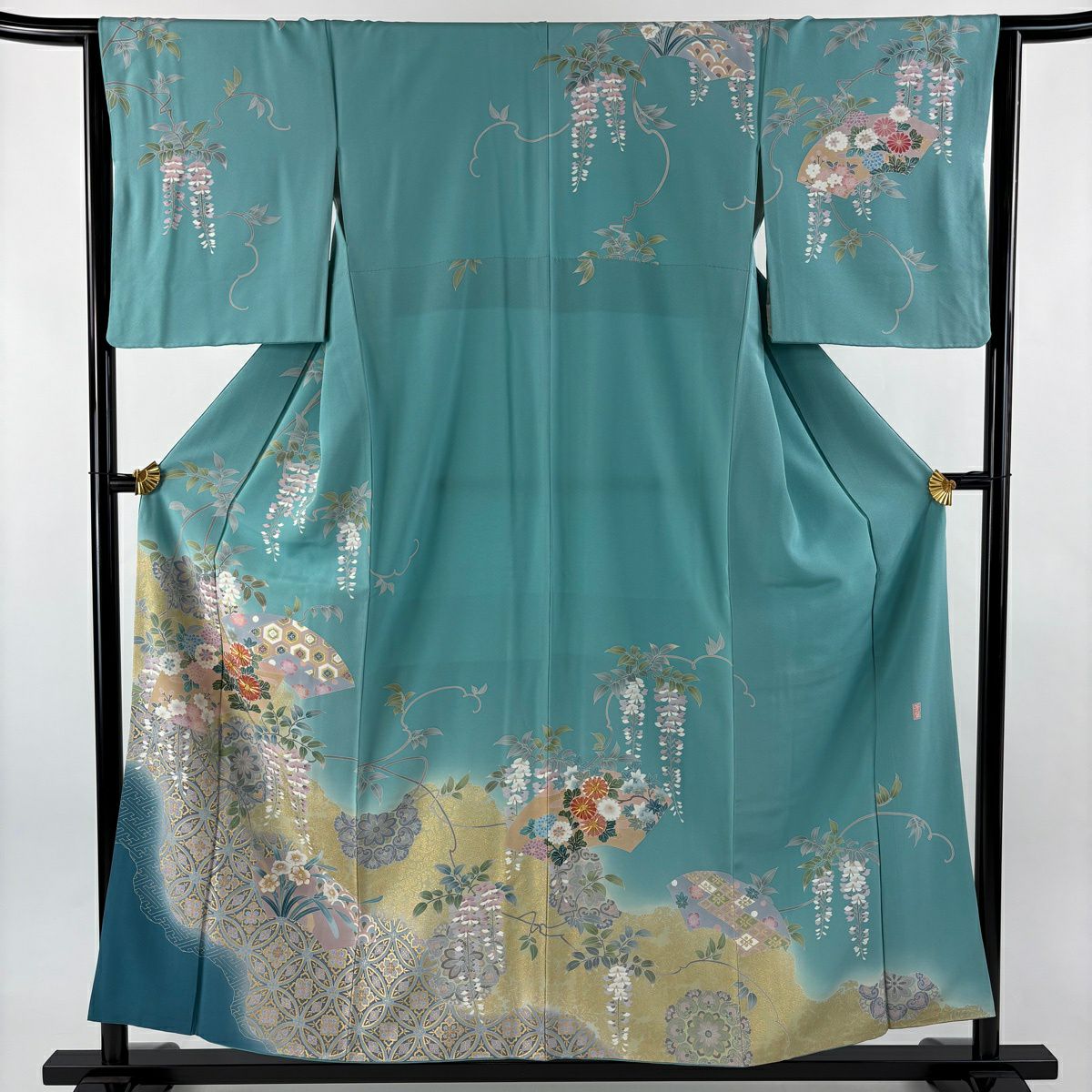 訪問服 身長155.5cm 袖長63cm S 雙層 落款 菊花 藤 金絲 金銀彩 水色 純蠶絲 名品級