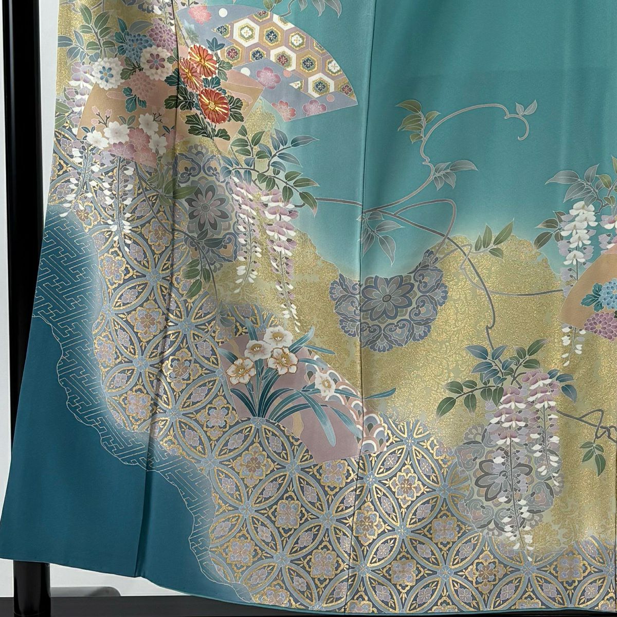 訪問服 身長155.5cm 袖長63cm S 雙層 落款 菊花 藤 金絲 金銀彩 水色 純蠶絲 名品級